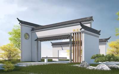 中式园林景观大门3D模型下载